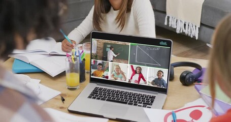 Poster - Composition of diverse students on laptop online learning with teacher and schoolchildren