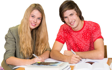 Poster - Digital png photo of caucasian couple taking notes on transparent background
