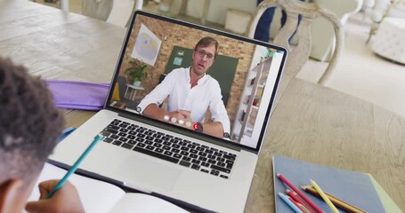 Poster - Composition of african american boy on laptop online learning with caucasian male teacher