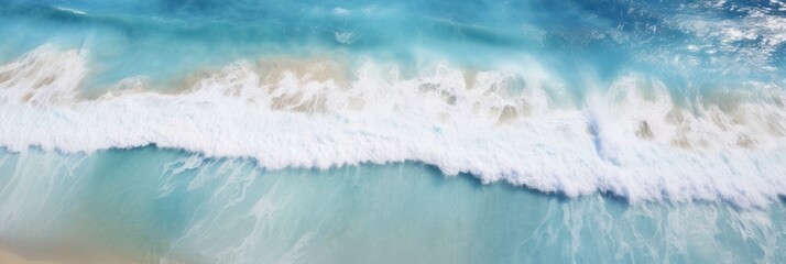Sticker - Aerial view drone over beach sea background. Beautiful sea waves. Beach sand and amazing sea wallpaper banner. Generative AI