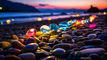 At Dusk Or Dawn, Beautiful And Colorful Light Neon Pebbles On The Beach
