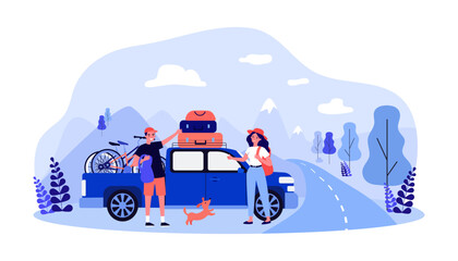 Wall Mural - Couple with dog going on road trip in car vector illustration. Cartoon drawing of happy man and woman with backpacks, suitcases, bicycles in truck. Traveling, vacation, summer, transportation concept