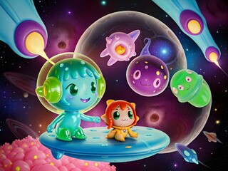 Cute Slime Creatures in Outerspace, Generative AI Illustration