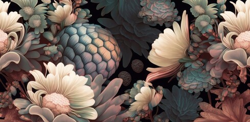 Floral fantasy seamless pattern with vintage exotic tropical flowers, hibiscus, protea, plumeria, cactus, leaves. 3d illustration. Magic abstract background. Luxury design for wallpaper, Generative AI