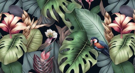 Wall Mural - Tropical exotic seamless pattern with birds, monstera, hibiscuc, bromeliad, banana leaves, palm, colocasia. Hand-drawn 3D illustration. Good for production wallpapers, cloth and fabric, Generative AI