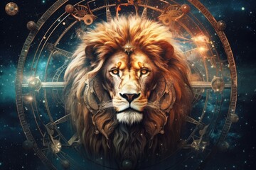 Wall Mural - Astrology calendar. Leo magical zodiac sign astrology. Esoteric horoscope and fortune telling concept. Leo zodiac in universe. Generative Ai