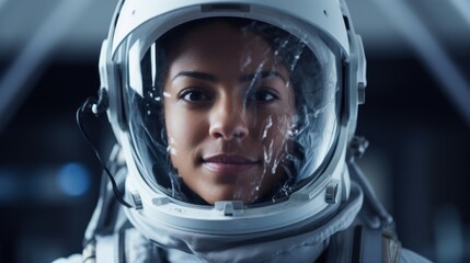 Wall Mural - Portrait of female astronaut wearing spacesuit in the spaceship. Generative AI