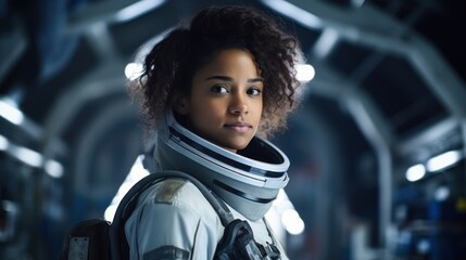 Wall Mural - Portrait of female astronaut wearing spacesuit in the spaceship. Generative AI
