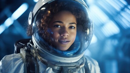 Wall Mural - Portrait of female astronaut wearing spacesuit in the spaceship. Generative AI