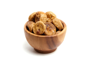 Wall Mural - Dried figs in wooden bowl isolated on white background