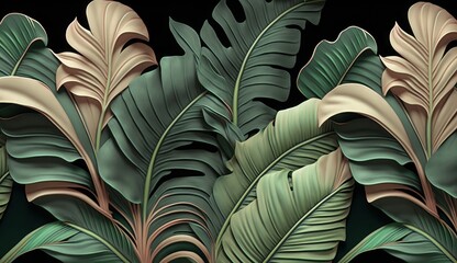 Wall Mural - Tropical background, seamless border, luxury wallpaper, pattern, texture. Vintage green and beige banana leaves, palms, jungle. Hand-painted watercolor 3d illustration. Premium mural, Generative AI