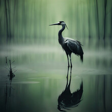 A Crane Wading Through A Puddle. Rainy Day. Painting