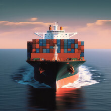 Big Container Ship In The Sea. Freight Transportation. Front View. Created By Generative AI Technology.