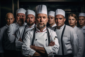 The group of master chef in the uniform ready to work