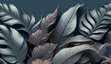 Blue Vintage Tropical Leaves In Seamless Border Design. Premium Wallpaper, Luxury Silver Grey Background, Texture, Mural Art. 3d Dark Watercolor Floral Illustration. Golden, Beige, Generative AI