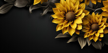 A Black Background With Two Yellow Sunflowers