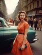 A woman in a 1950s street wearing an orange dress.
