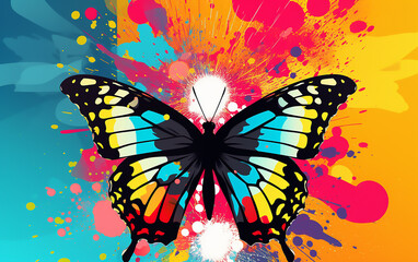 Sticker - Colorful butterfly on abstract background in pop art style. Generative AI technology.