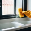 Cleaning concept - hand in orange protective rubber glove washing glass window with sponge and detergent foam. Householding background, copy space