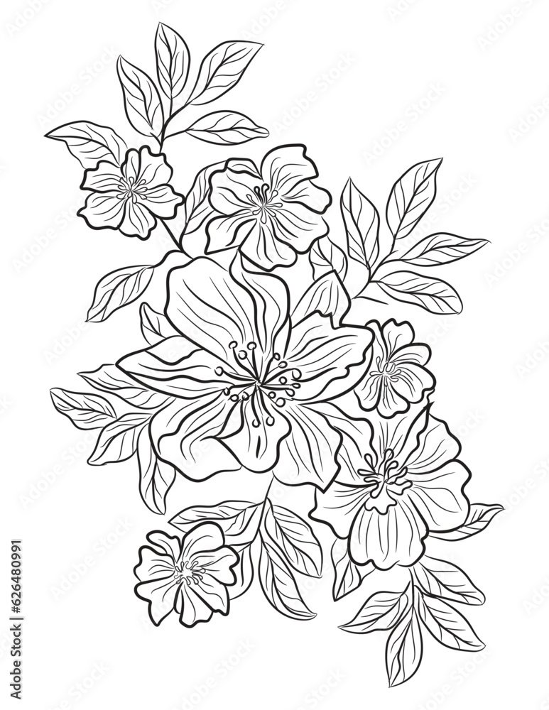 Floral coloring page, flower line art illustration Stock Vector | Adobe ...