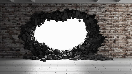 Wall Mural - hole in the black brick wall white light from the hole abstract background.