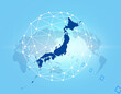 ブルーを背景に電子頭脳と日本地図と世界地図