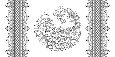 Seamless pattern of mehndi flower and border for Henna drawing and tattoo. Decorative doodle ornament in ethnic oriental, Indian style. Outline hand draw vector illustration.