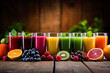 Vivid Splash of Various Fruit Juices in Clear Glasses on Rustic Wooden Background