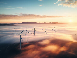 Wall Mural - An aerial drone shot of a vast, swirling wind farm against the backdrop of a golden sunrise, signifying renewable energy