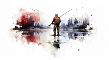 Fisherman On A White Background Watercolor Drawing Poster.