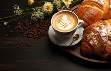 Cup Hot Coffee  Bread On A Dark Retro Background, Croissants, Jam, Butter, Yogurt, Milk ,fruits Juice And Coffee. Copy Space Clear Area For Text Breakfast Concept .AI Generative
