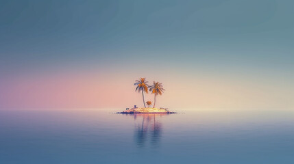 lonely little island with palm trees in the sea minimalism landscape.