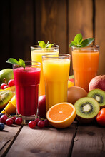 Vivid Splash Of Various Fruit Juices In Clear Glasses On Rustic Wooden Background