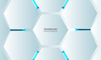 Poster - White 3d hexagonal technology vector abstract background. Blue bright energy flashes under hexagon in modern technology futuristic background. White honeycomb texture grid vector illustration.