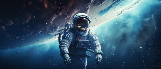 Wall Mural - An astronaut floating in a serene space environment, surrounded by a galaxy of stars, Milky Way in the background, space helmet reflecting Earth. Rendered in high detail, ultra - high definition, cine