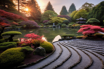 A lush Zen garden at dawn, perfectly manicured plants and a serene pond with koi fish, sand raked in intricate swirls, Japanese maple in full bloom, natural light