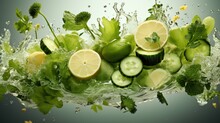 Juicy Limes, Lemons And Cucumber With Mint Flying In The Air, Levitation In Water. Detox Cocktail. Vitamins For Health. Generative AI