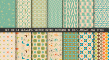 Set Of 14 Mid-century Modern Atomic Age Backgrounds In Vector. Seamless Retro 50-s Patterns Ideal For Wallpaper And Fabric Design.