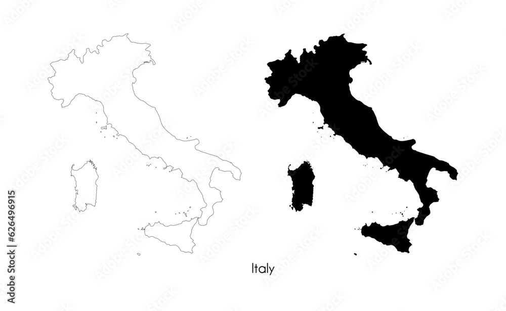 Highly detailed map of Italy on white background. Isolated line drawing and black silhouette of Italy. Template for website, cover, infographic, logo. Stock vector illustration.