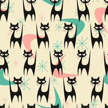 Mid Century Colorful Modern Cat Silhouette With Atomic Age Starbursts. Vector Seamless Background In Fifties Style.