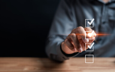 Aufkleber - Checklist business target marketing planning with quality management, Quality Assurance and improvement. Standardization, certification. Compliance to regulations service and standards.