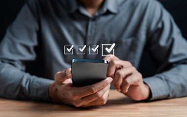Aufkleber - Checklist business target marketing planning with quality management, Quality Assurance and improvement. Standardization, certification. Compliance to regulations service and standards.