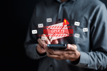 Poster - Alert Email inbox and spam virus with warning caution for notification on internet letter security protect, junk and trash mail and compromised information.