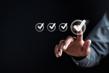 Aufkleber - Checklist business target marketing planning with quality management, Quality Assurance and improvement. Standardization, certification. Compliance to regulations service and standards.