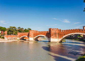 Wall Mural - Landscape view of Verona city, bridge and Adige river in Italy, Europe