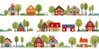 house city building, barn farm and tree style cosy town panorama flat vector illustration isolated in a row frame or border seamless