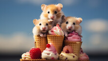 Hamster Ice Cream? 3 Hamsters Sitting On Three Cones Pretending To Be Ice Cream, Cute Animals, AI Art