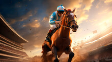 A jockey participating in a horse racing or derby event, galloping atop a horse during the race, with the main stand in the background. Generative AI