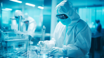 A pharmaceutical research lab or bio lab equipped with specialized apparatus, where researchers wear clean room. Generative AI