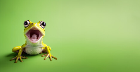 Poster - Frog or toad with shocked surprised expression, large eyes. Wide banner with copy space on side. Generative AI